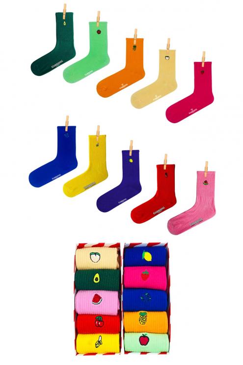 10'lu Nakışlı Meyveler Desenli Renkli Çorap Kutusu