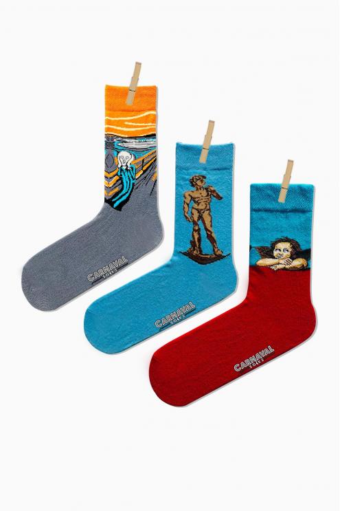 3'lü Çığlık Tablo Desenli Art Renklİ Çorap