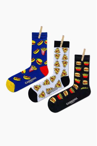 3'lü Hamburger Desenli Renkli Çorap