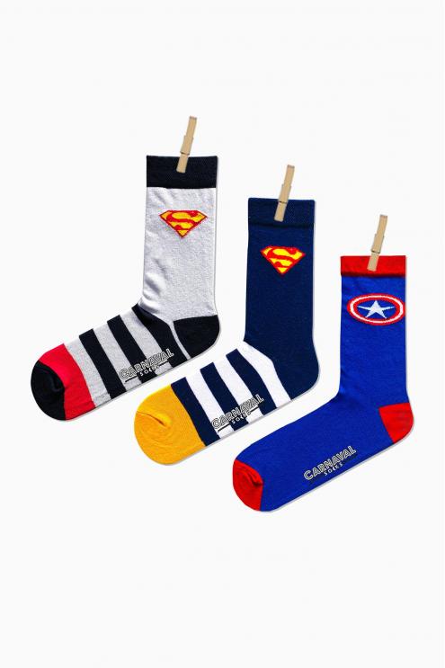 3'lü Hero Desenli Renkli Çorap