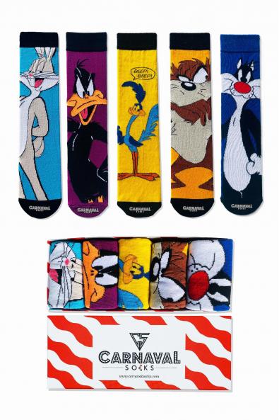 5'li Çizgi Film Karakterleri Desenli Renkli Çorap Kutusu