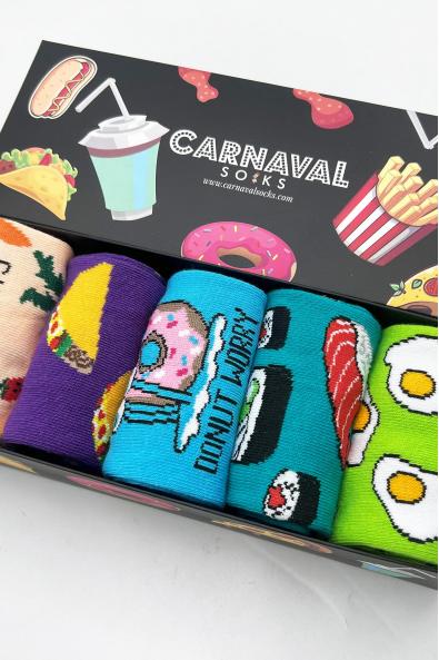 5'li Fast Food Yiyecek Desenli Renli Soket Çorap Kutusu
