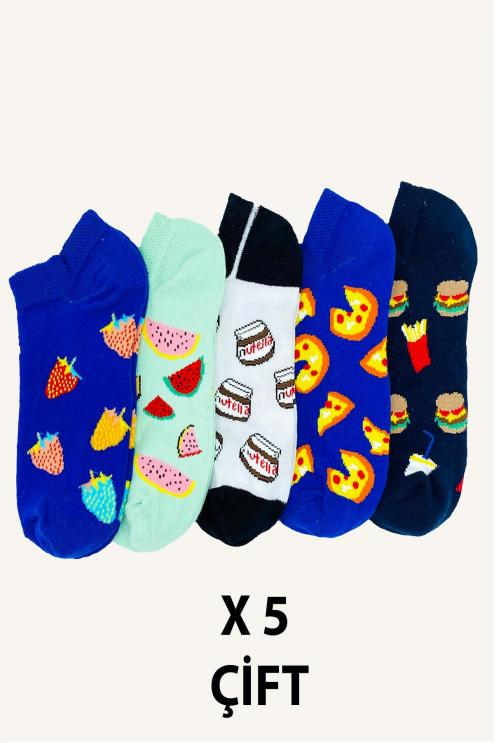 5'li Meyve Fast food Desenli Patik Spor Çorap