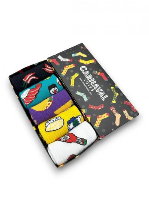 5'li Sushi Tasarımlı Desenli Renkli Çorap Kutusu