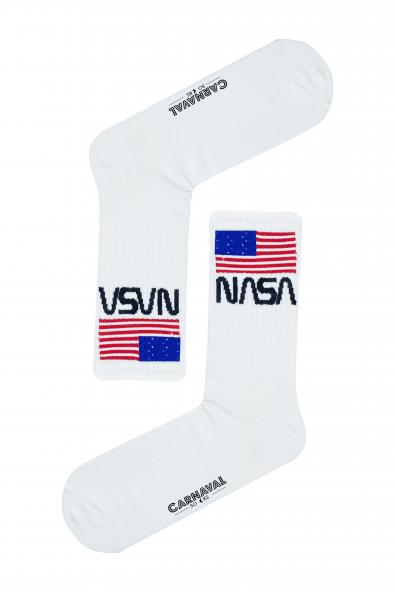 Beyaz Nasa Bayraklı Desenli Renkli Spor Çorap
