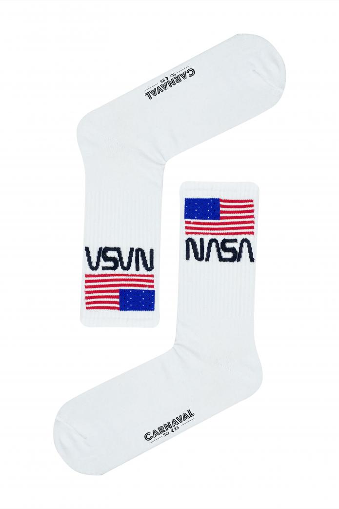 Beyaz Nasa Bayraklı Desenli Renkli Spor Çorap