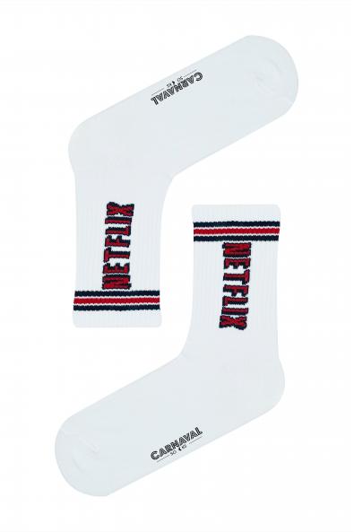 Beyaz Netflix Yazılı Desenli Renkli Spor Çorap