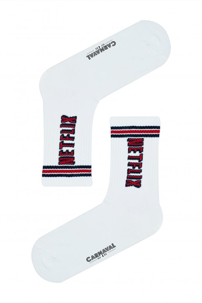 Beyaz Netflix Yazılı Desenli Renkli Spor Çorap
