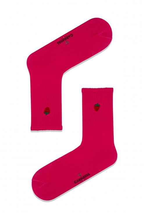 Çilek Nakışlı Pembe Renkli Spor Çorap