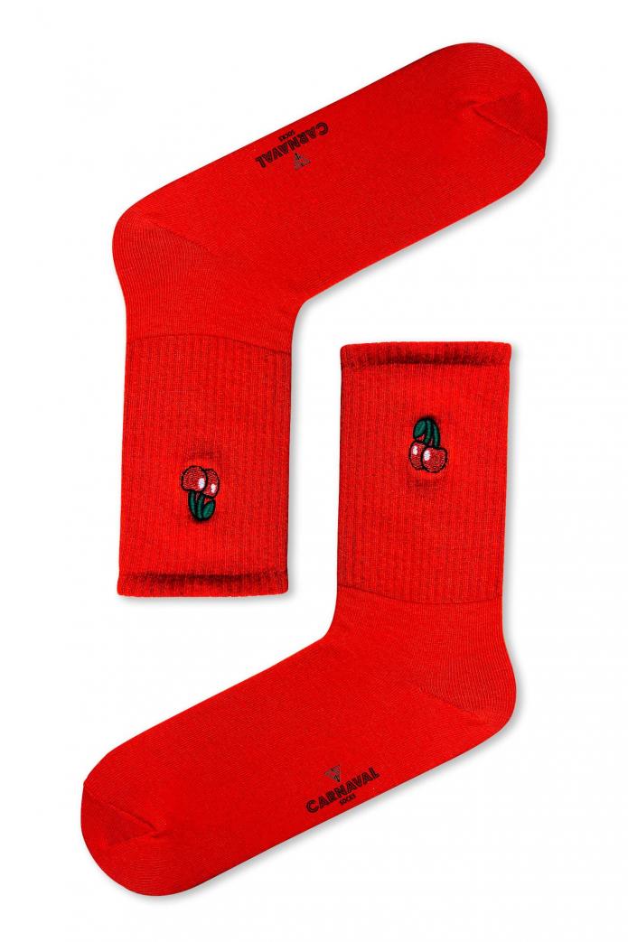 Kiraz Nakışlı Kırmızı Renkli Spor Çorap
