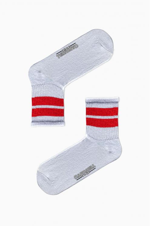 Kırmızı Çift Şeritli Desenli Renkli Spor Çorap