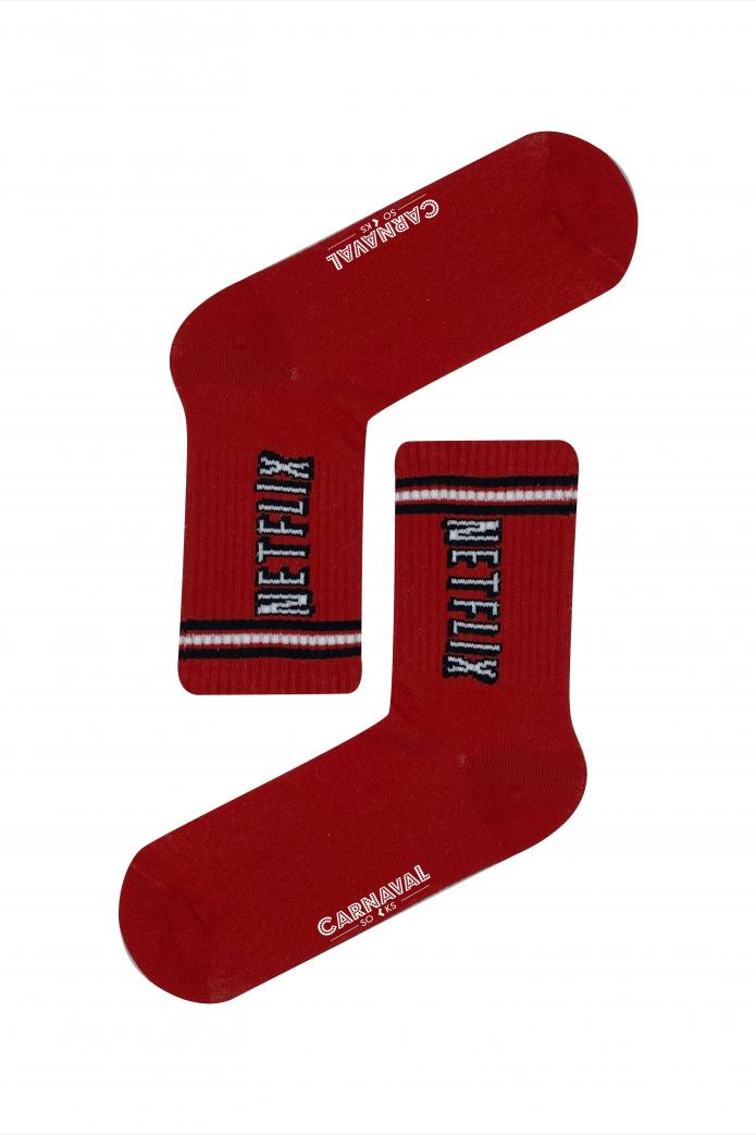 Kırmızı Netflix Yazılı Desenli Renkli Spor Çorap