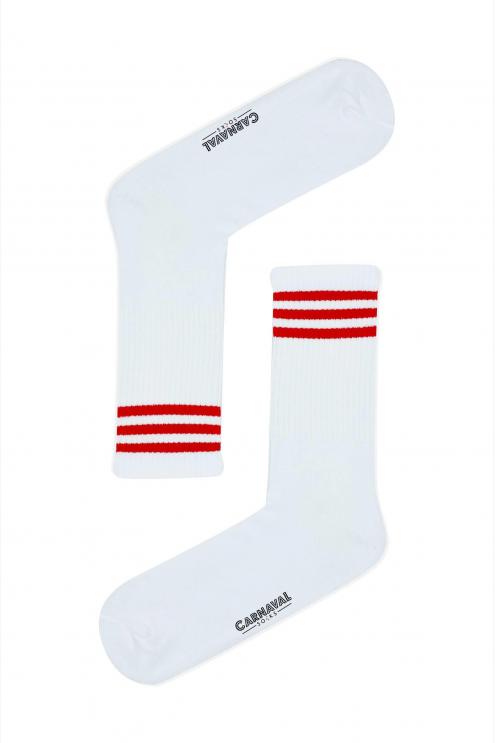 Uzun Kırmızı Şerit Desenli Renkli Çorap