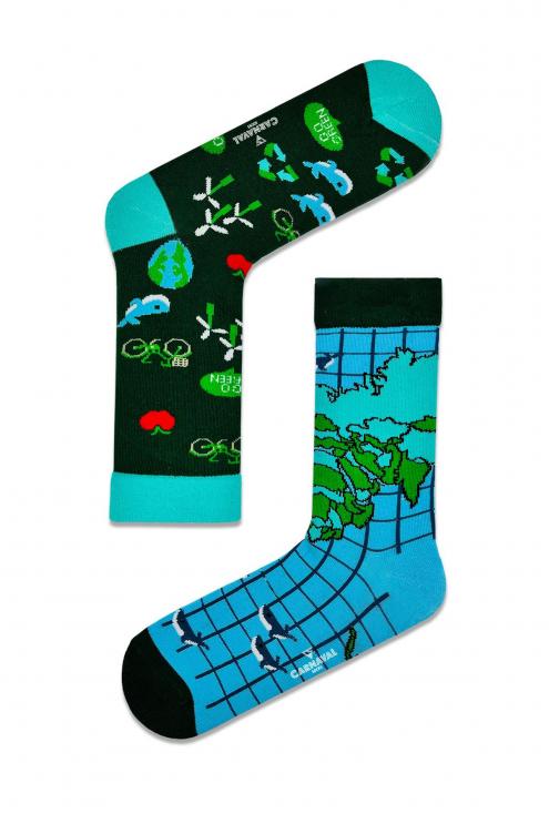 Sağlı Sollu Yeşil Dünya Desenli Renkli Çorap