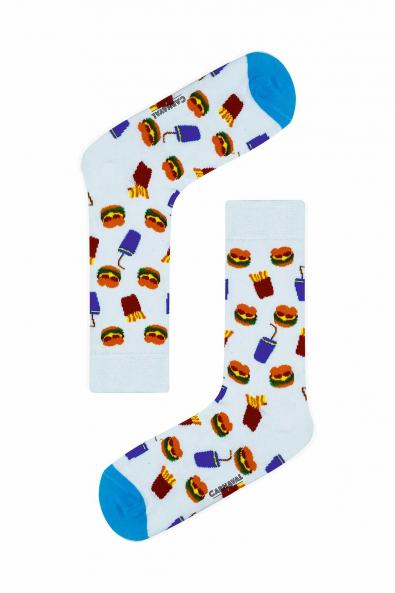 Beyaz Hamburger İçecek Desenli Renkli Çorap
