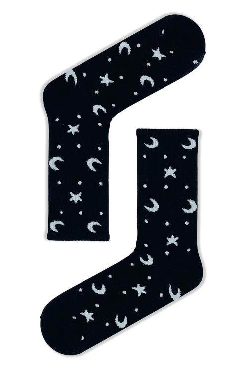 Siyah Ay Yıldız Desenli Renkli Spor Çorap