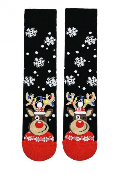 Siyah Christmas Kar Tanesi ve Geyik Desenli Eğlenceli Yılbaşı Çorabı
