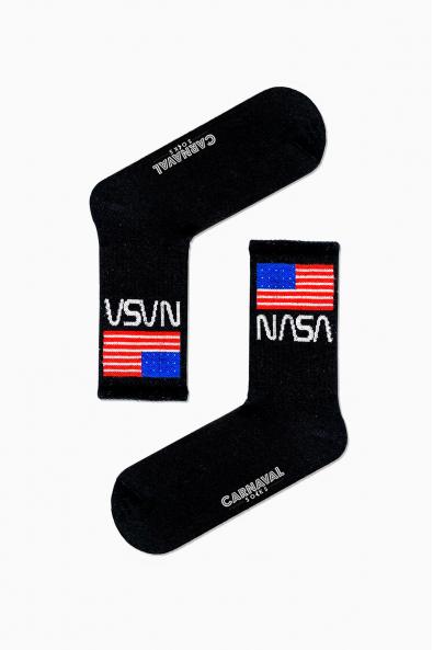 Siyah Nasa Bayraklı Desenli Renkli Spor Çorap