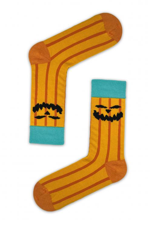 Turuncu Şeritli Bal kabağı Desenli Halloween Çorabı